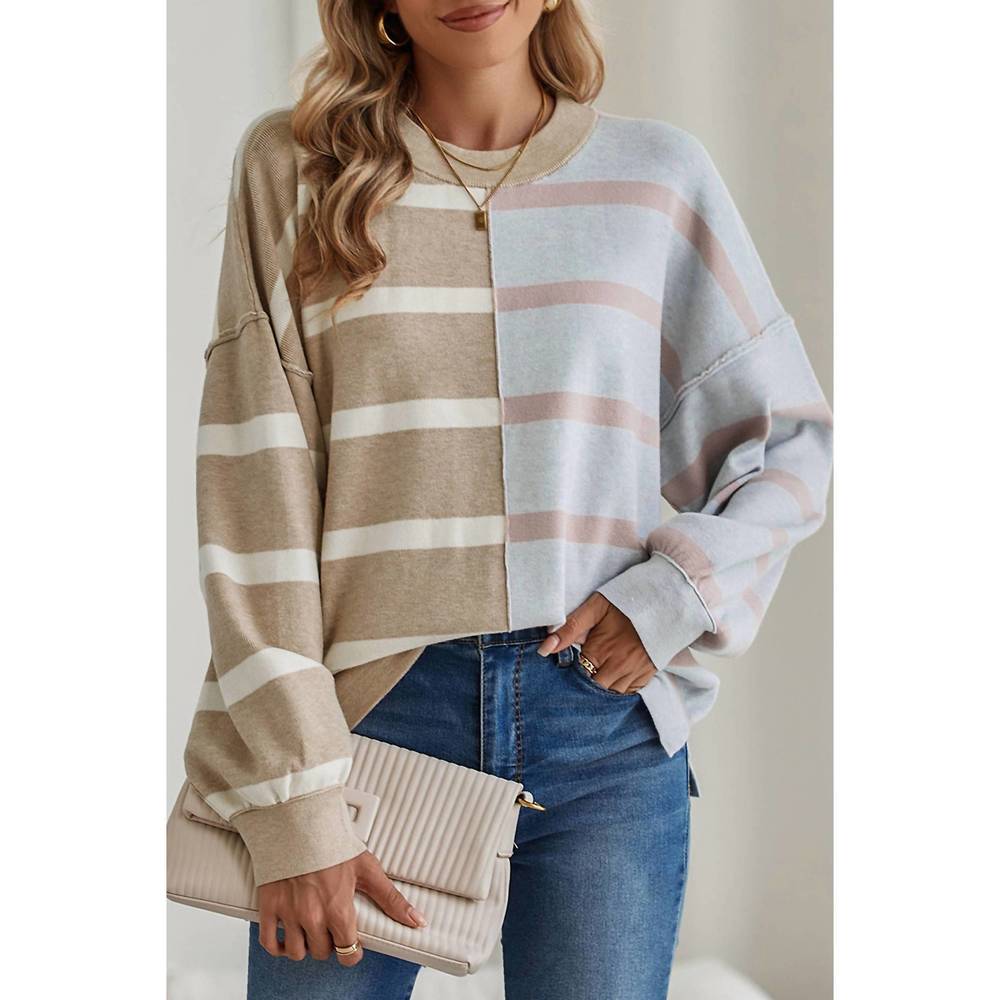 NEW SHEWIN striped color block drop shoulder sweater in khaki stripe